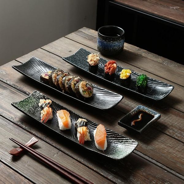 Teller Küche Kreative Rechteck Sushi Platte Sashimi Kaltes Gericht Japanischen Stil Keramik Retro Restaurant Lange Grobe Keramik 1pc