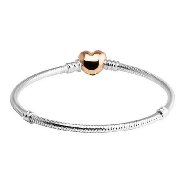 Adatto a Pandora Beads Rose Golden Heart Chiusura Snake Chain Bracciali in argento per donne e uomini Gioielli fai da te Original Silver 925 Charms B204y