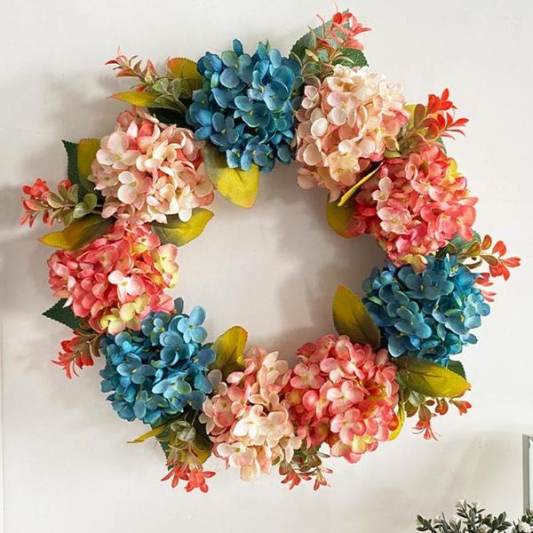 Flores decorativas Coroa de flores artificiais de hortênsia rosa azul Folhas verdes redondas DIY Reutilizáveis Porta de parede Pendurado Guirlanda de flores falsas Festa de casamento