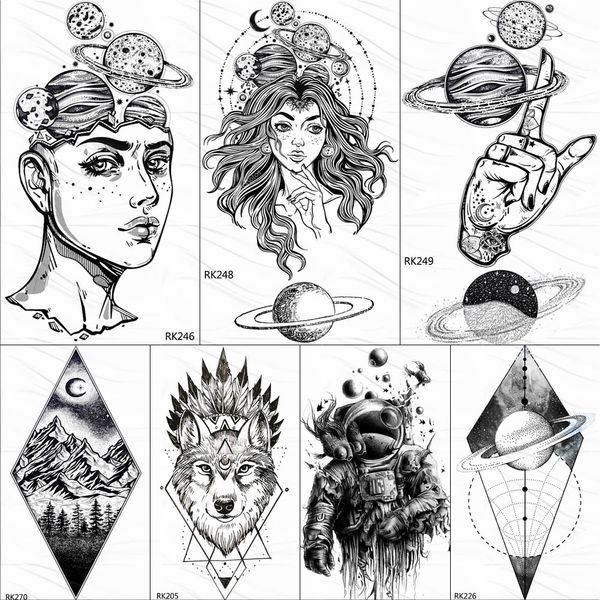 OMMGO Outspace Frauen Planet Gehirn Temporäre Tattoo Aufkleber Wasserdicht Schwarz Geometrische Berg Tatoos Körper Kunst Gefälschte Tattoo Papier