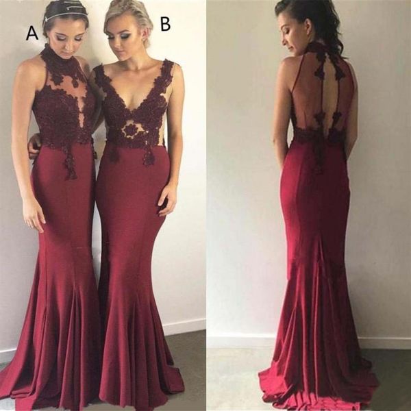 Vestidos de dama de honra bordô para casamentos ocidentais gola alta apliques de renda vestidos de dama de honra sereia baile de formatura Vesti206T