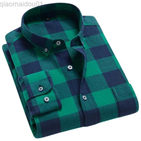 Camicie casual da uomo Camicie scozzesi slim fit a maniche lunghe in cotone 100% da uomo Tasca applicata singola Comoda flanella spazzolata morbida Camicia casual versatile L230721