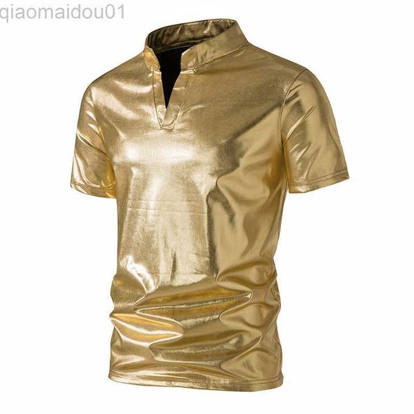 Camisas casuais masculinas ouro brilhante camisa pólo metálica masculina 2023 marca camiseta de manga curta masculina dos anos 70 discoteca festa baile baile camiseta Homme XXL L230721