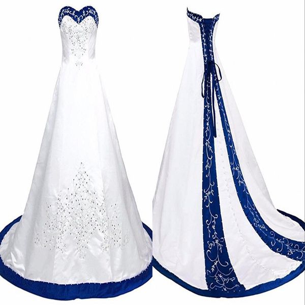 Vestido de Noiva Azul Real e Branco Bordado Princesa Cetim Linha A Lace Up Corte Tram Lantejoulas Frisado Longo Casamento Barato Gow212F