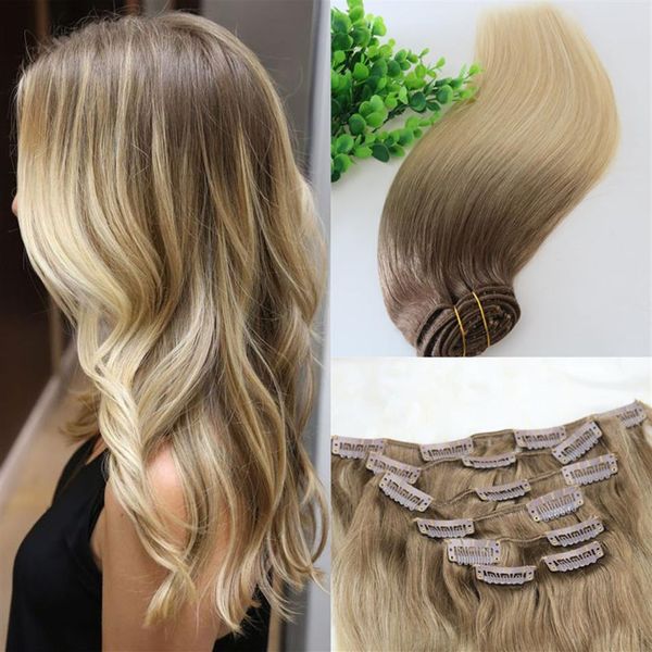 # 8 # 60 613 # Clip a testa piena nelle estensioni dei capelli umani Ombre Ombre marrone medio Capelli biondo chiaro Balayage Highlights 7PCS molto 120g218B