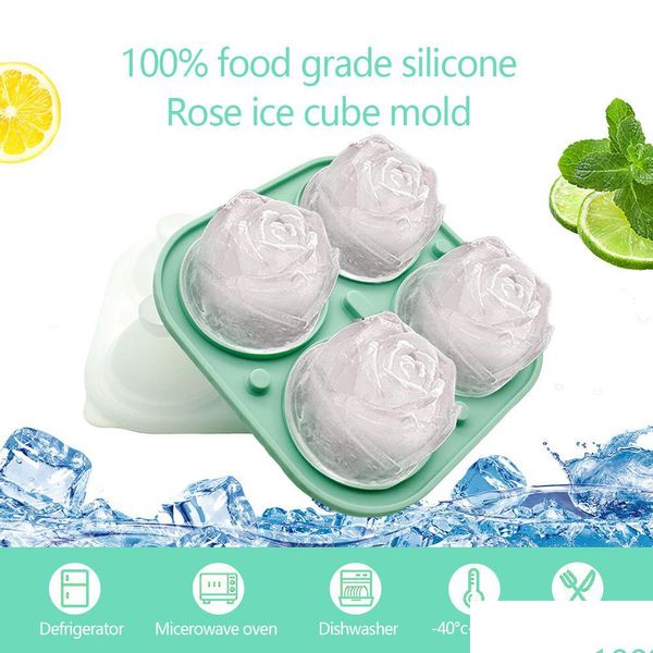 Stampi da forno Rose Sile Vassoio per ghiaccio Mods Forma di fiore Food-Grade Anti-perdite 4 griglie Stampo per cubetti di ghiaccio riutilizzabile per Bar Drop Delivery Hom Dhkat