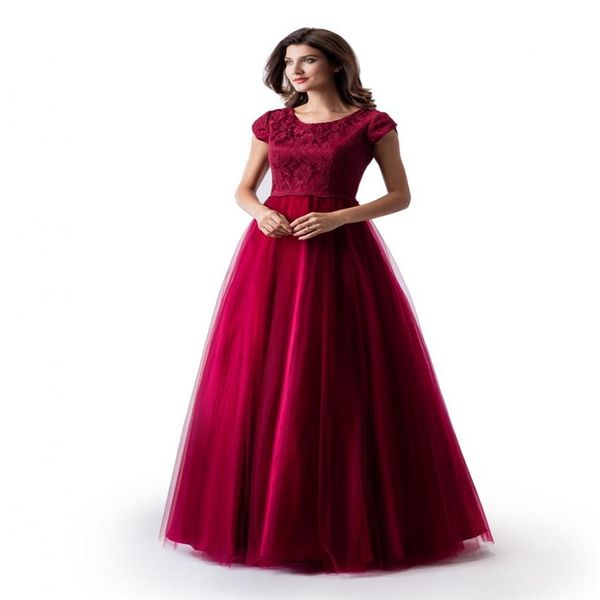 Novo Vestido de Baile Vermelho Escuro Longo Modesto Manga Boné Decote Joia Top de Renda Saia de Tule até o Chão Vestido de Noite Formal para Adolescentes298J