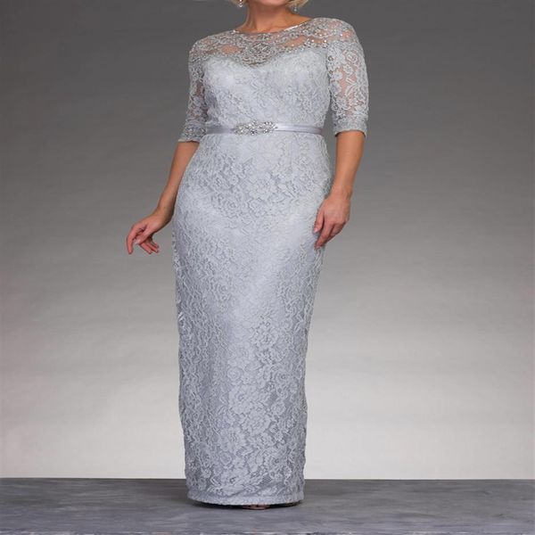 Abito per la madre della sposa in pizzo grigio argento Mezze maniche Cerniera sul retro Abiti per la madre con sirena applique di perline330M