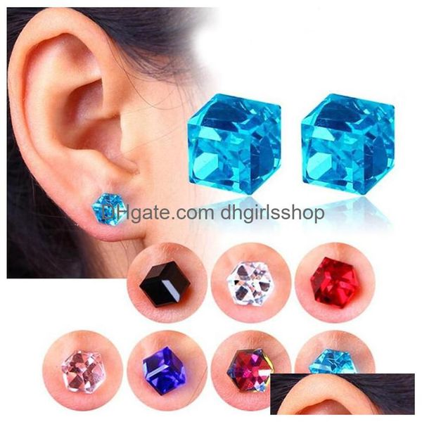 Stud Colorf Diamante Cristal Brincos Magnéticos Cubo de Água Ímã de Saúde Não Perfurado Para Mulheres Jóias 9 Cores Drop Delivery Dhckt