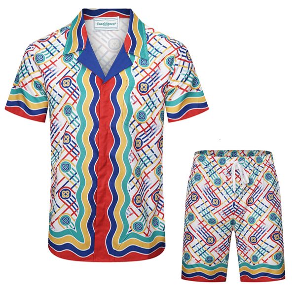 Agasalhos masculinos 2023 Casablanca anel colorido com fivela estampado malha shortpant camisa conjunto masculino feminino de alta qualidade Havaí Beach Holiday Surf Terno 230720