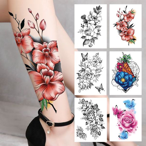 3D Aquarell Blume Temporäre Tattoo Für Frauen Mädchen Gefälschte Pfingstrose Rose Tattoo Aufkleber Schmetterling Spitze Sweatpea Flora Tatoos Bein