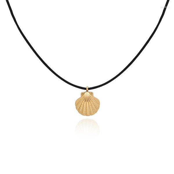 Anhänger Halsketten Ins 18k Gold Überzogene Scalloped Shell Halskette Für Frauen Schwarz Seil Schnur Choker Mode Schmuck Geschenk