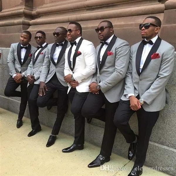 2018 одна кнопка Slim Fit Groom Tuxedo White Light Grey Starse Brants Mens Limedos с черными отворотами мужчин костюмы.