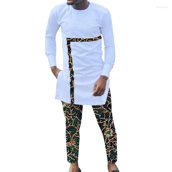 Roupas étnicas masculinas patchwork camisa branca manga longa tops calças dashiki calças personalizadas ternos impressão africana roupas de festa