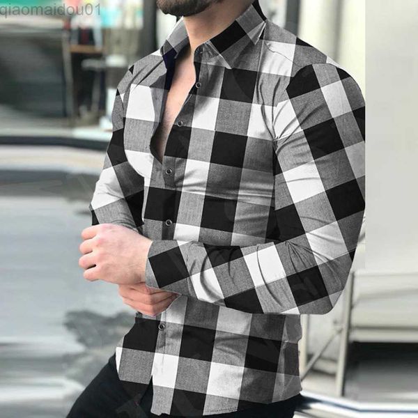 Herren-Freizeithemden, atmungsaktives Hemd mit Knopfleiste, bequeme Hemden, modische Langarm-Muskel-Plaid-Polyester-Slim-Fit-Oberteile L230721