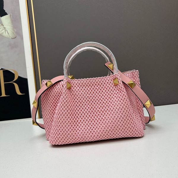 Bolsas femininas Moda Bolsa de tecido Bolsas de rebite de grande capacidade Bolsas de grama natural Lafite Bolsas de couro genuíno com alça de ombro Bolsas femininas estilo legal