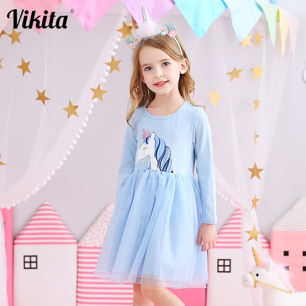 VIKITA Marca Kids Dress for Girl Children Cartoon Clothes Girls Unicornio Frocks Kids Cotton Long Sleeve Princess Tutu Dress