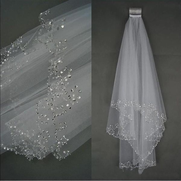 Veli da sposa di lusso Velo da sposa corto da sposa 2 strati fatti a mano con perline di cristallo Bordo a mezzaluna Accessori da sposa Velo bianco avorio i189N