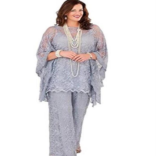 Pizzo Madre della sposa Pantalone 2017 Maniche lunghe Tre pezzi Grigio argento Formale Donna Plus Size Abiti da sposo per Wed2105