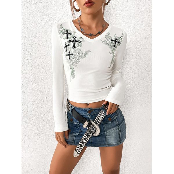 Женская футболка Goth Dark Grunge Y2K Эстетические печатные футболки с длинным рукавом готические винтажные винтажные кросс-топы Женщины v-образованная белая уличная одежда 230721