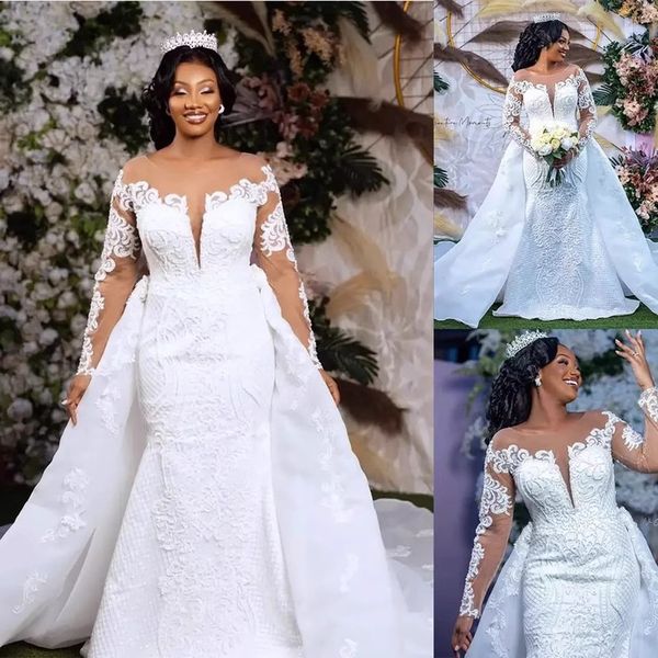 Abito da sposa a sirena per donna 2023 con strascico staccabile Scoop maniche lunghe Illusion Appliques in pizzo Abiti da sposa in raso Vestidos De Noiva African