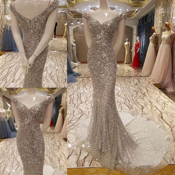 Abiti di Lusso Argento Sirena Abito Da Sera Formale 2022 Sexy Bling Paillettes Cristallo Lungo Abito di Promenade Del Partito Robe De Soiree Vestido De224H