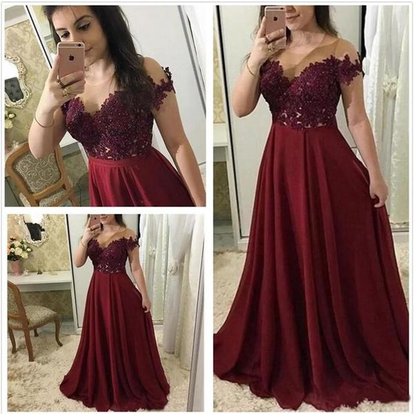 Vestidos de Baile Borgonha 2022 Longo Decote Ilusão Manga Curta Apliques de Renda Vestidos de Noite Longo Chiffon Vestido para Ocasiões Especiais275f