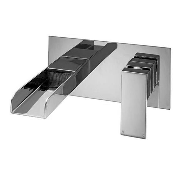 Rubinetto per lavabo a cascata cromato Miscelatore monocomando per lavabo a parete Set bocca a cascata con piastra Quadrata in ottone massiccio Costruzione252a