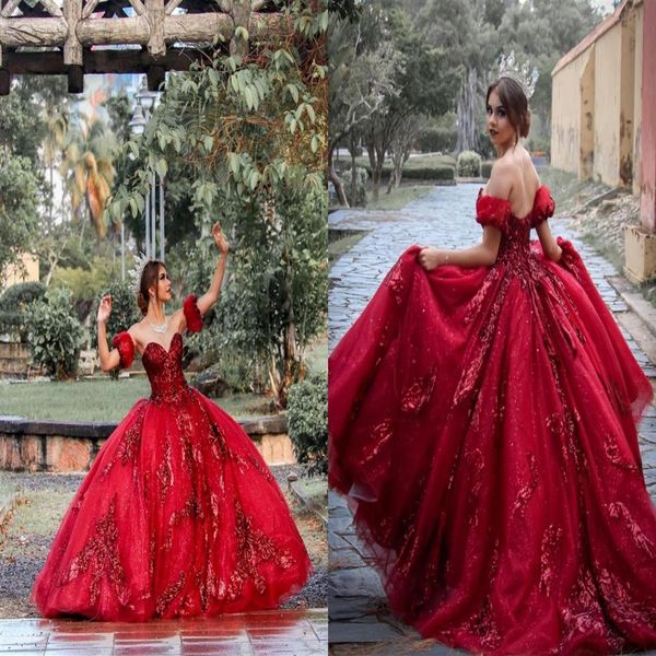 Maniche staccabili con paillettes scintillanti 2022 Abiti da ballo Quinceanera Abito da ballo Tulle con spalle scoperte Borgogna Rosso scuro Dolce 15 Eve295c