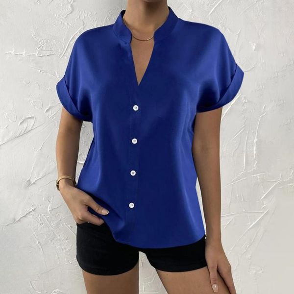 Blusas de mujer camisa de viaje de verano para mujer blusa suave y sedosa de Color sólido con cuello en V elegante manga corta con cuello levantado para Formal