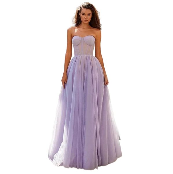 Benutzerdefinierte Farbe Lavendel/Rosa/Blau A-Linie Tüll Lange Ballkleider Schatz Boning Tailliertes Oberteil Einfache formelle Abendkleider Robe de Soiree Vestidos