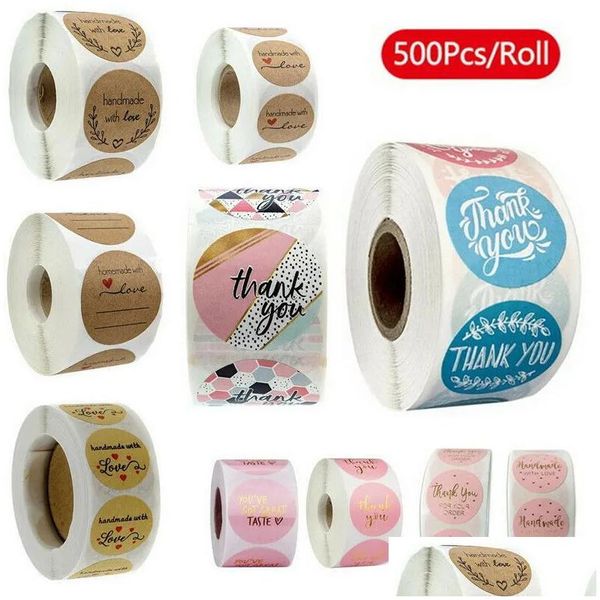 Geschenkverpackung 500pcs/Roll 10 Styles Blumen Herz danke Kleber Aufkleber Scrapbooking Handmade Business Packaging Seal Decoration St. DHZN0