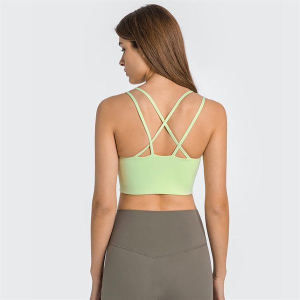 L-166 Regatas Alças duplas finas Nude Feeling Sutiã de Yoga à prova de choque Coletado para a pele Roupa íntima esportiva Cross Beautiful Back 276s