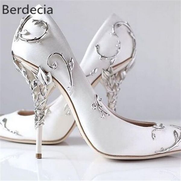 Декоративная филигранная листья, спиральные естественным образом на каблуке, белые женщины свадебные туфли шикарные атласные штуковые каблуки Eden Pumps Bridal323r