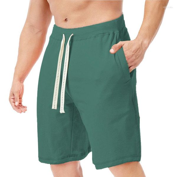 Shorts masculinos de algodão e poliéster, na altura do joelho, para academia e roupas casuais, meio curtos com bolsos laterais, calças de verão masculinas de cor sólida