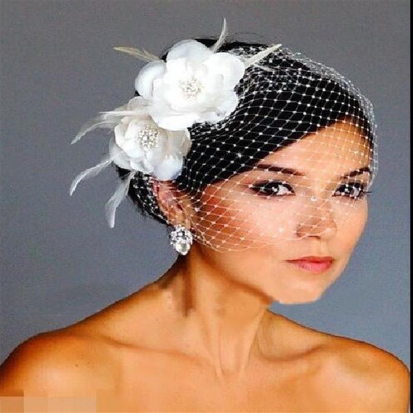 Birdcage Veils White Flowers Feather Birdcage Veil Nupcial Wedding Hair Pieces Bridal Accessories cap véu hat HT1322143