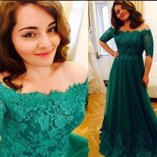 2017 verde evasê plus size vestidos de festa ombro a ombro apliques tule renda meia manga longos vestidos de festa à noite314r