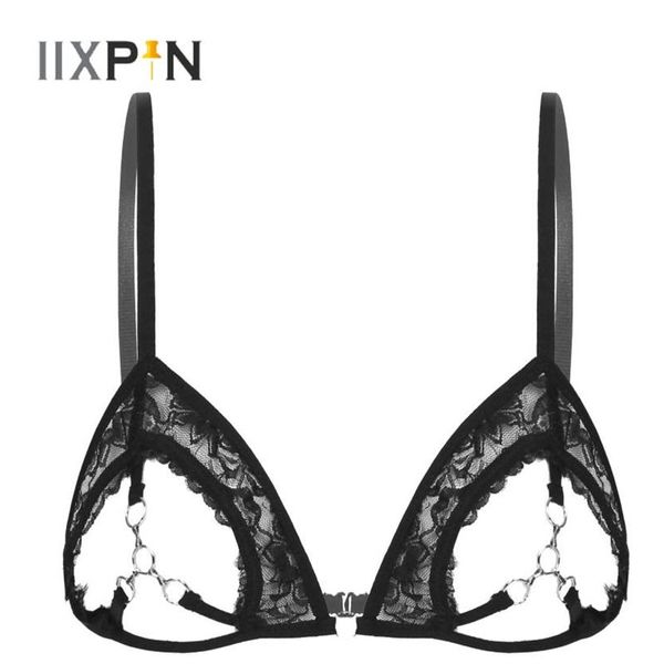 Reggiseno in pizzo trasparente per lingerie a coppa aperta per indumenti da notte sexy da donna sexy Reggiseno trasparente trasparente con anelli in metallo collegati a Bust233U