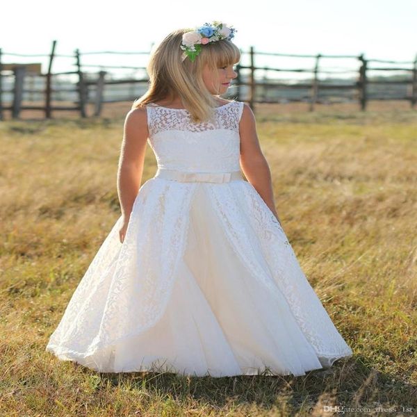 Novo 2017 Renda Até o Chão Country Boho Flower Girls Vestidos Para Casamentos Barato Joia Laço Faixa Vestidos de Santa Comunhão Custom Made289g