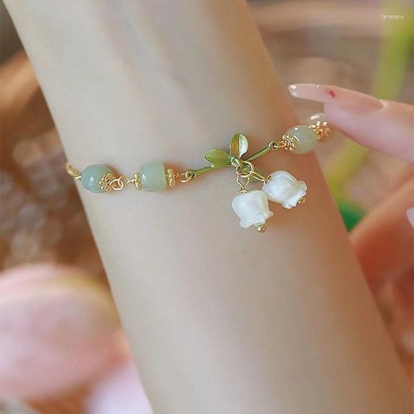 Braccialetti con ciondoli Bracciale con perline di temperamento foglia floreale bianco alla moda Catena di fiori di giglio smaltato alla moda per ragazze da donna