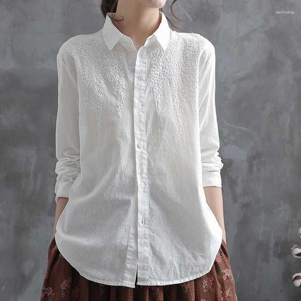 Blusas femininas vintage de algodão branco bordado manga comprida tops camisa feminina 2023 lapela botões moda casual blusa selvagem roupas femininas