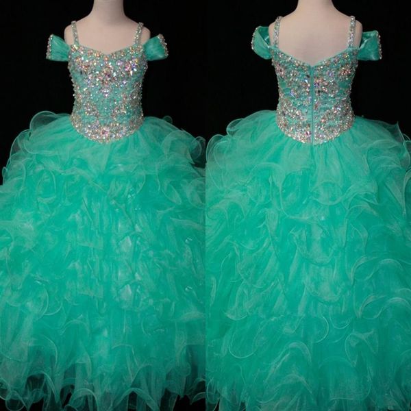 Cristais Verde Menta Flor Vestidos Para Meninas Longos Concurso de Meninas Crianças Para Meninas Infantis Barato Glitz Comunhão Prom B186Y