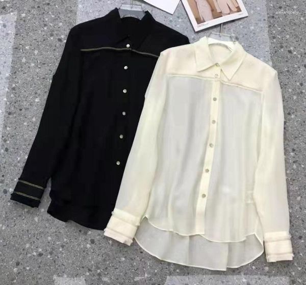 Blusas femininas tops designer de moda 2023 primavera verão camisa feminina gola tweed lã retalhos manga longa branco preto