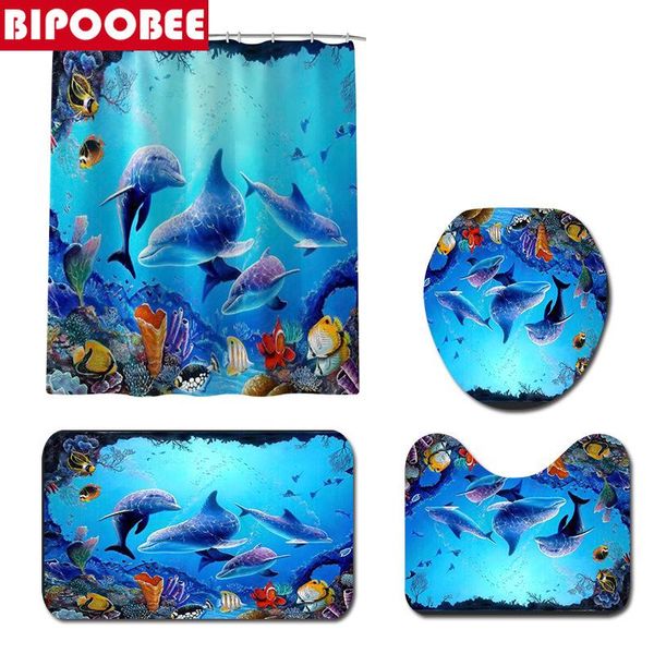 Cushion Ocean Underwater World Wearful Dolphin Dolphin 3D Terretta per doccia impermeabile con tappeto per bagno tappetino tappetino set decorazioni da bagno