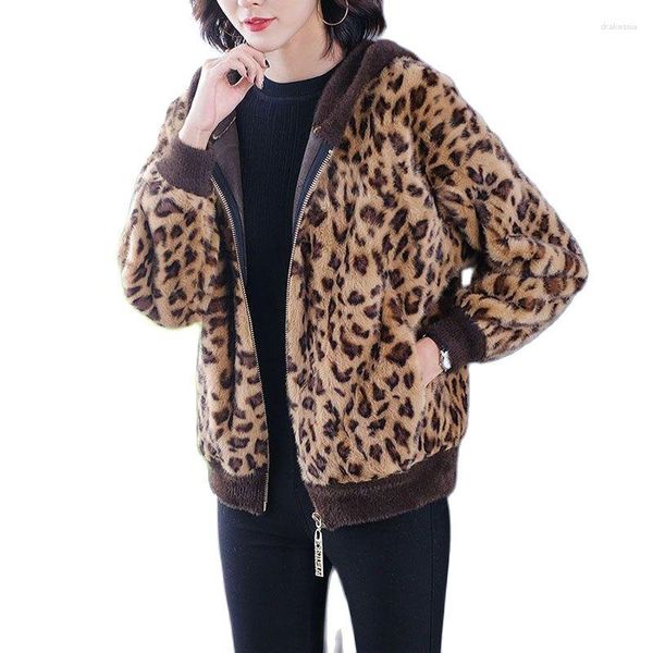 Pelliccia da donna Inverno Cappotto di agnello corto da donna Autunno e moda con cappuccio Sciolto Visone con stampa leopardata Velluto da donna spesso