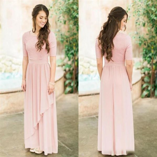 Abiti da damigella d'onore da sposa country Boho maniche lunghe abiti da damigella d'onore rosa polveroso modesto con mezze maniche in chiffon di pizzo2330