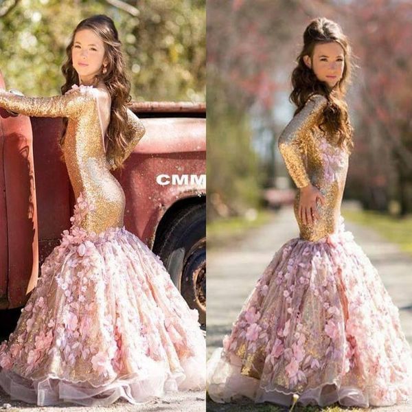 Lusso Blush 3D Fiori floreali Abiti da spettacolo Sirena Backless Paillettes dorate Lungo Bambini Toddlers Prom Evening Party Flower Girls Dr364v