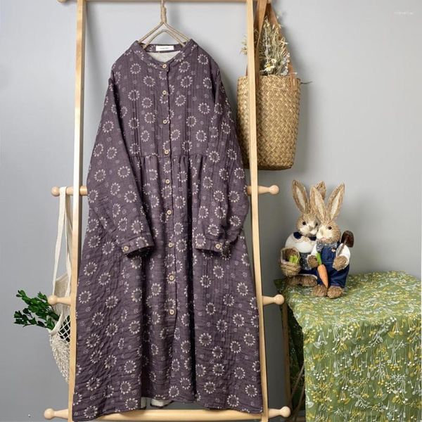Casual Kleider Frühling Frauen Langes Kleid Japan Stil Blumendruck Doppel Baumwolle Stehkragen Hülse Lose Dresse 2023