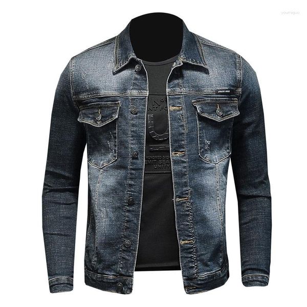 Jaquetas masculinas primavera jaqueta jeans algodão elástico gola dobrável manga longa vestido slim fit cinza azul top masculino