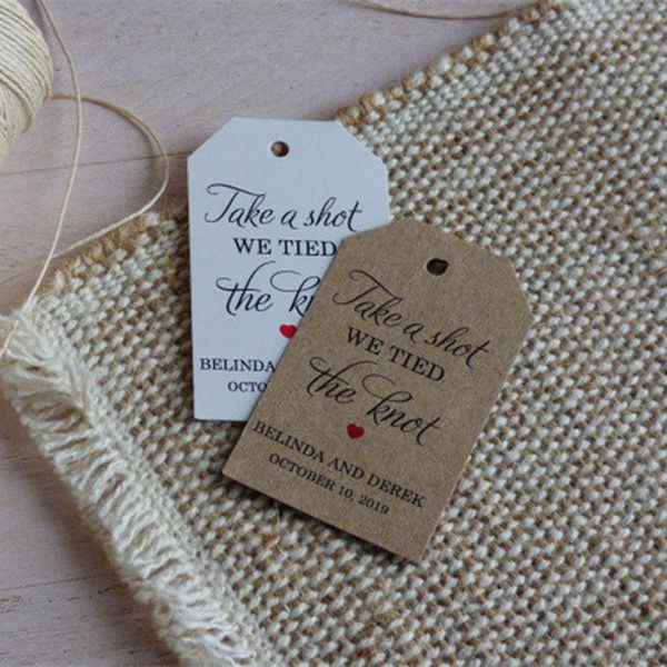 Cartões de felicitações Etiquetas de presente de casamento personalizadas linguagem de nome personalizada Chá de panela solteiro Take a S nós amarramos o nó etiquetas 230721